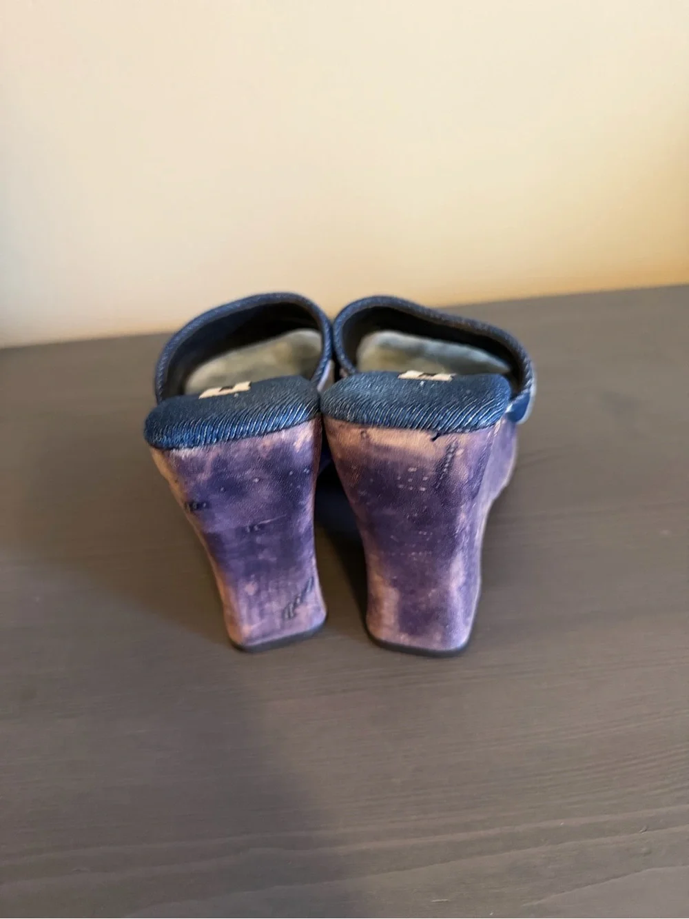 Steve Madden Vintage Y2K Denim Patchwork Wooden Platform Heels